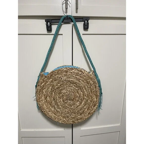Sun N Sand Beach Bag Natural Straw round tote Blue NWT - Picture 2 of 7